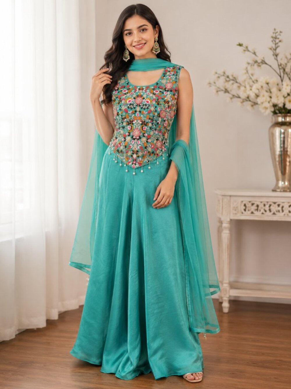 Girls Teal Embroidered Palazzo Suit Set | Indian Ethnic Wear